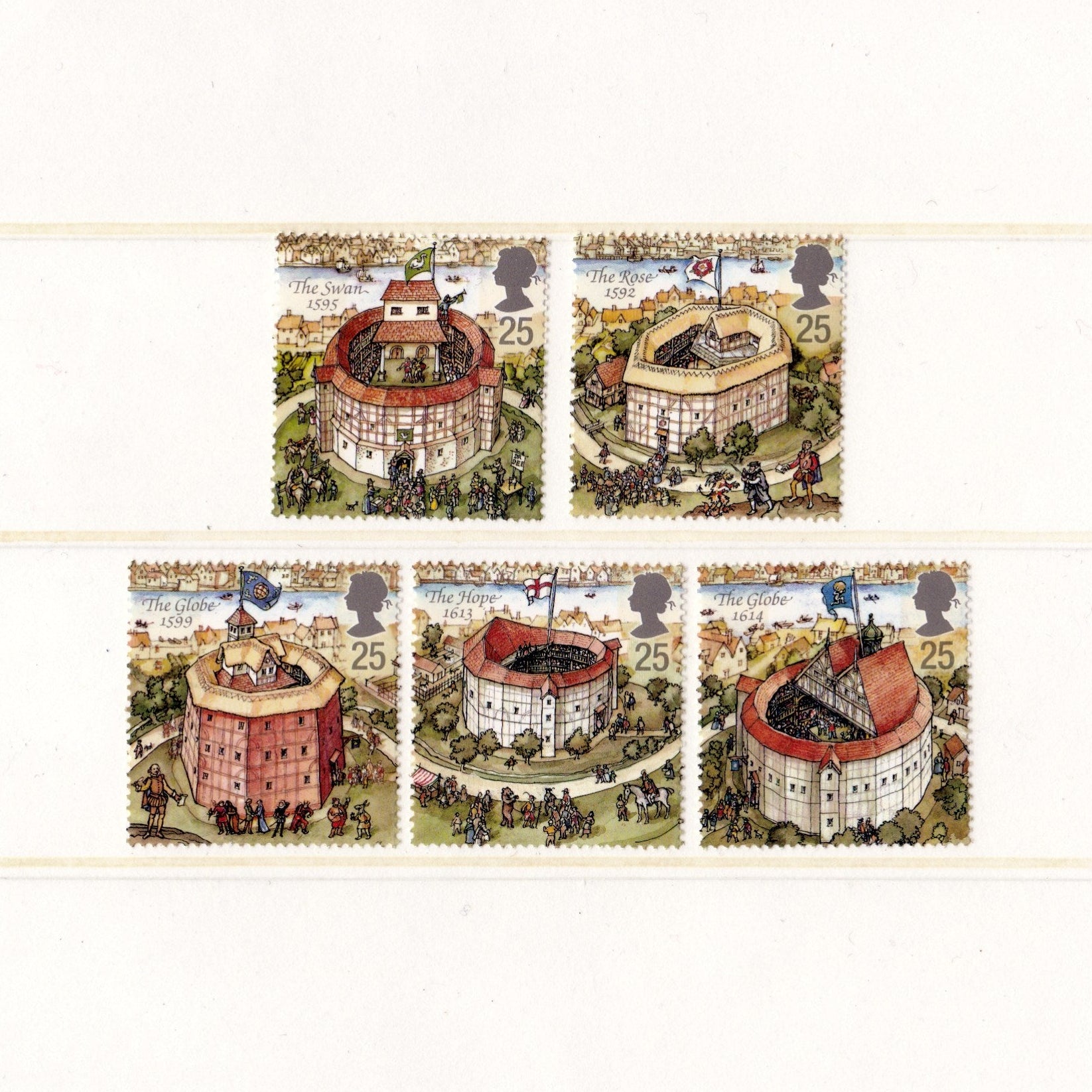 Set of postage stamps featuring illustrations of a historic building with decorative elements.