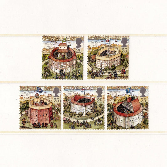 Set of postage stamps featuring illustrations of a historic building with decorative elements.