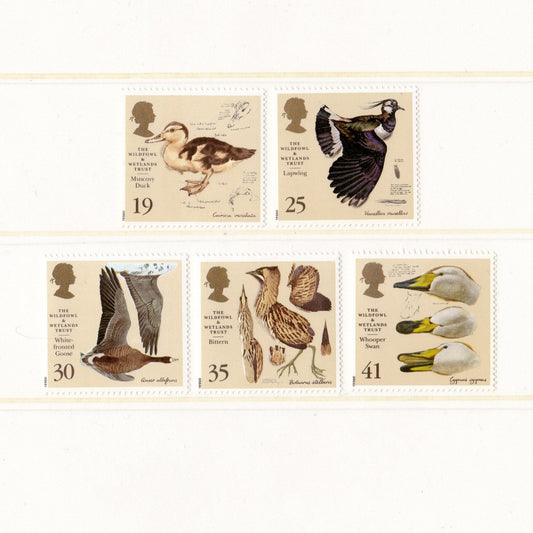 Collection of vintage-style stamps featuring illustrations of birds on a beige stamp background.