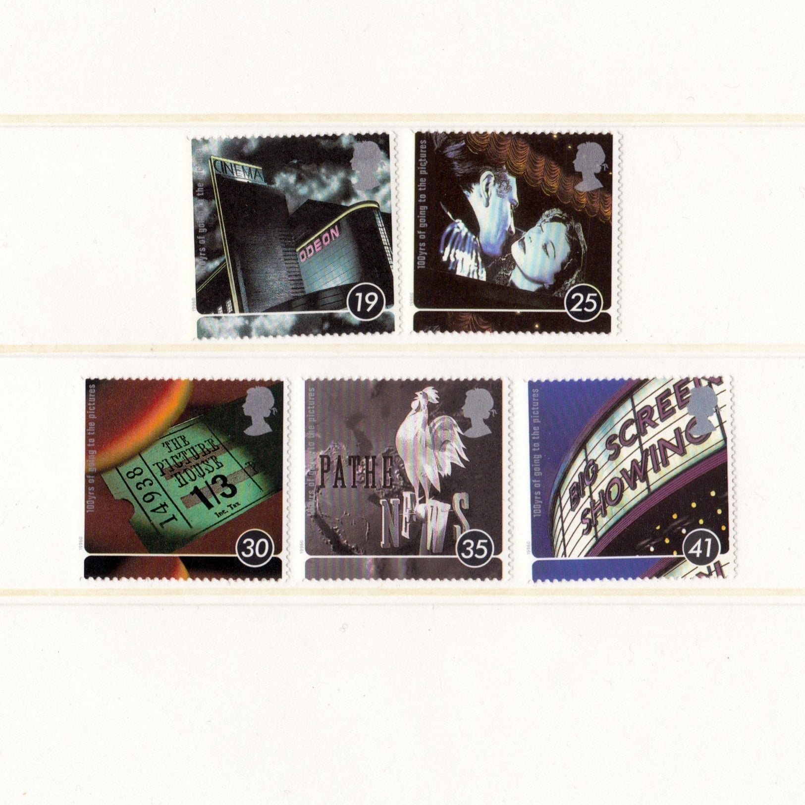 Collection of postage stamps with various cinema designs on a white background