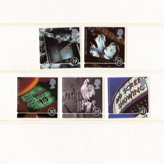 Collection of postage stamps with various cinema designs on a white background