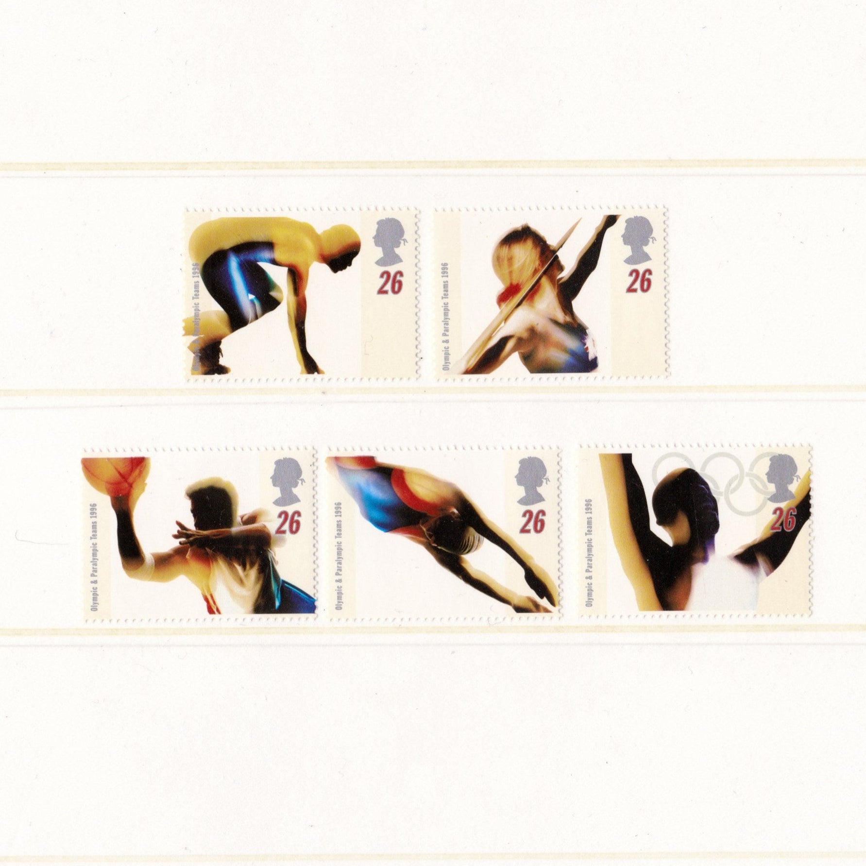 Set of Olympic-themed postage stamps featuring athletes in various sports.