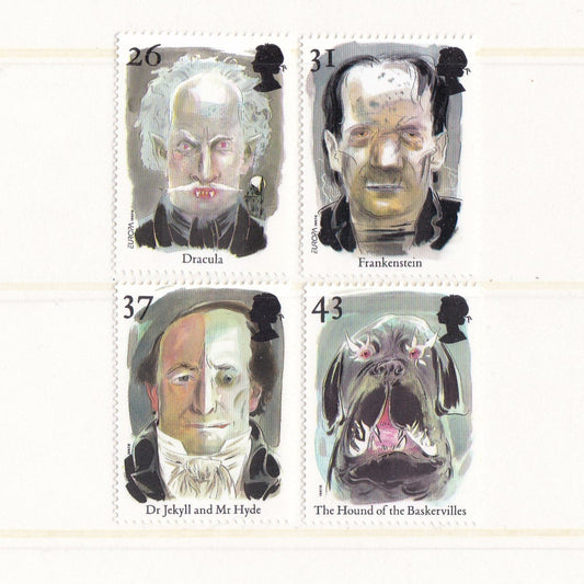 Drawn images of famous horror book characters on postage stamps