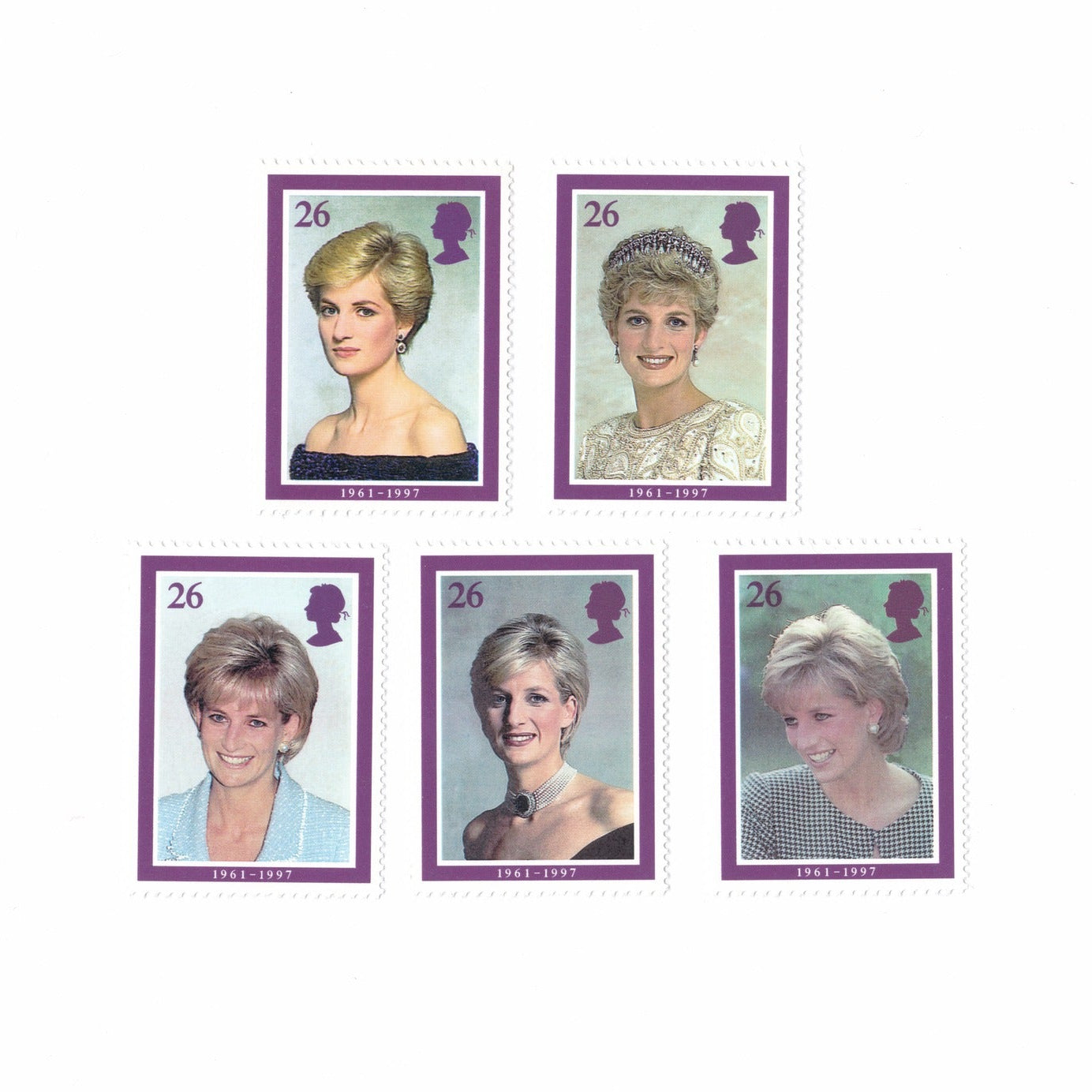 Five stamps featuring images of a woman with different hairstyles and outfits on a white background.