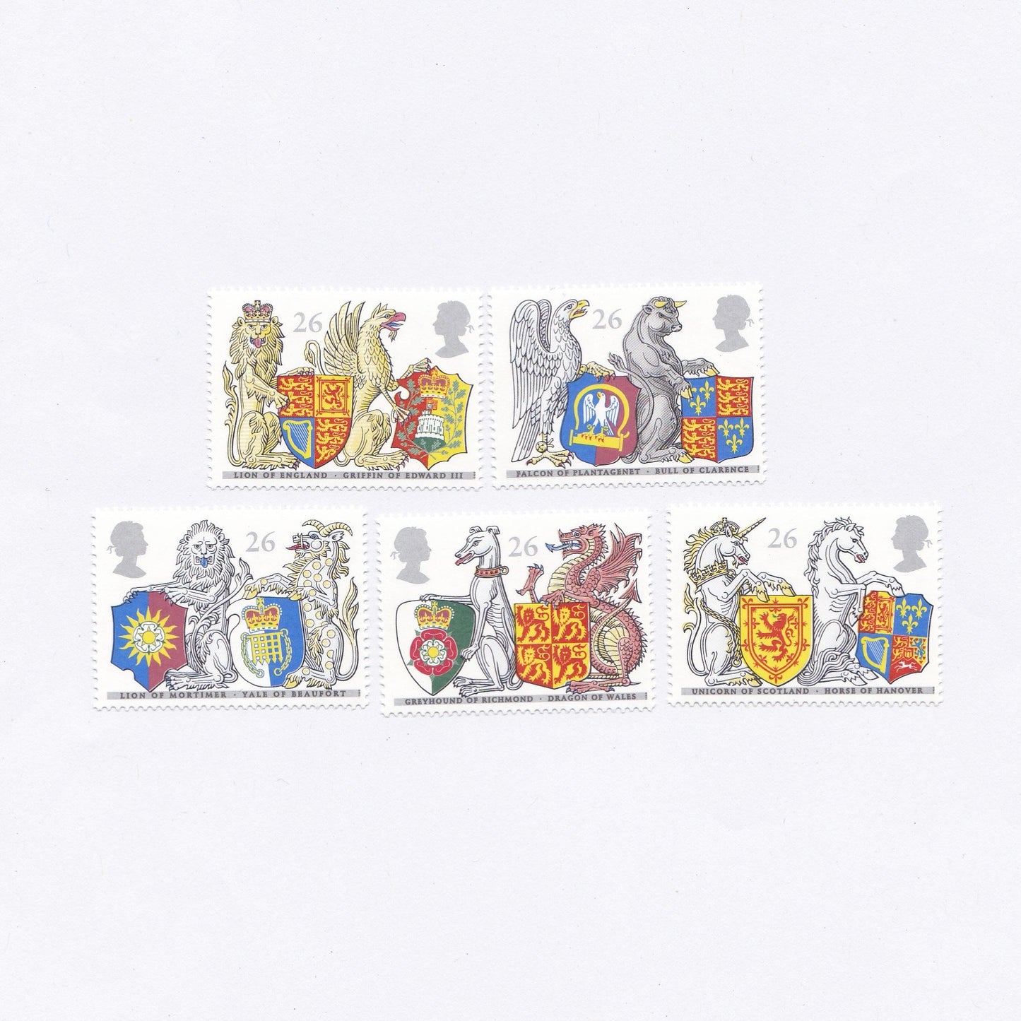 Collection of stamps with various coats of arms on a white background