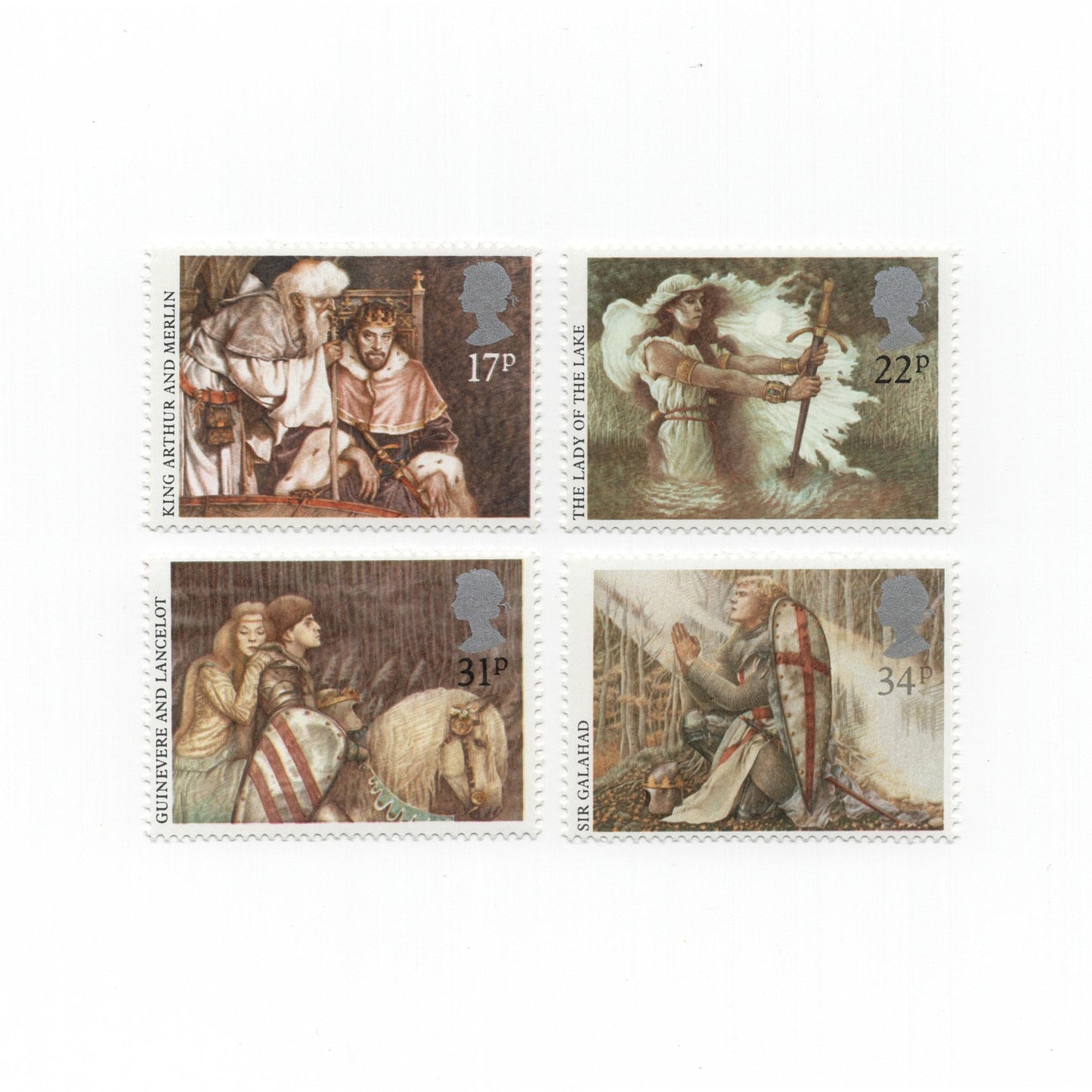 Four historical postage stamps with illustrations on a white background