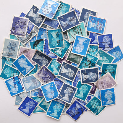 Collection of blue stamps on a white background with 'LOT 2' label.
