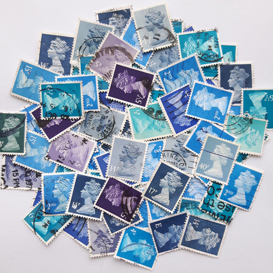 Blue Ocean-Themed Used GB Machin Postage Stamps